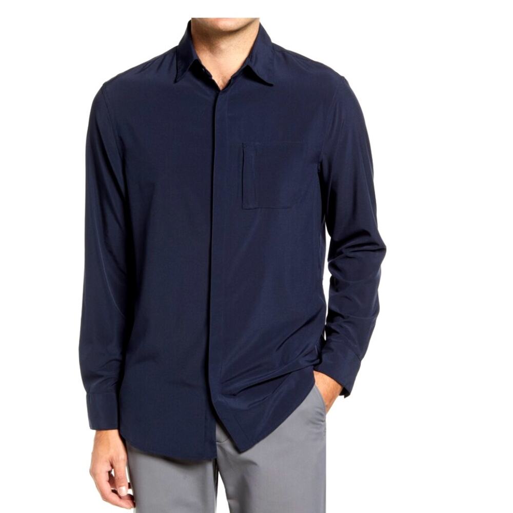 Zella Commuter Button Up Shirt Long Sleeve Collared Pockets Navy Mens Small NWT
